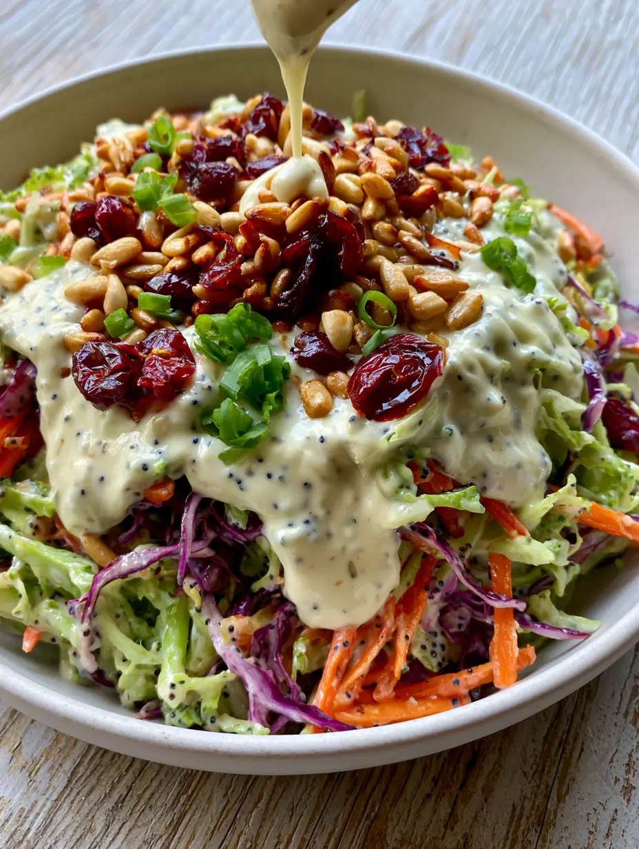Macro close-up of Broccoli Slaw showing glossy poppyseed dressing on green broccoli stalks and purple cabbage.