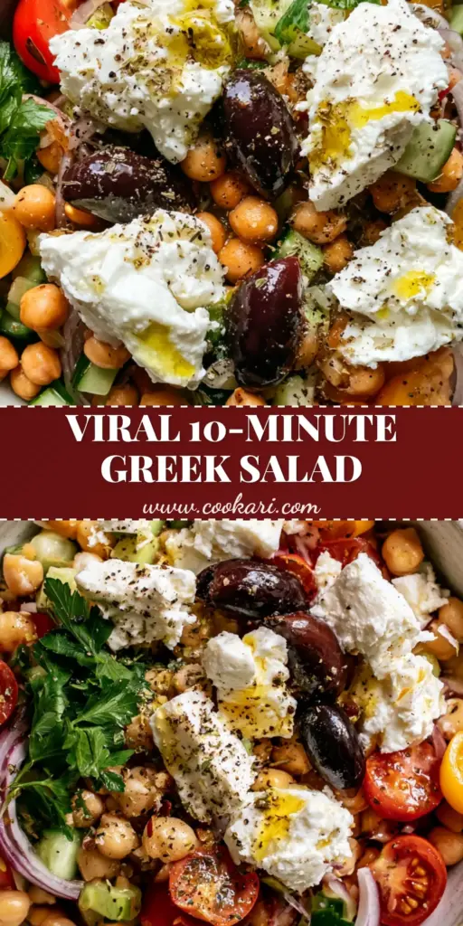 A top-down view of a vibrant greek chickpea salad in a rustic white bowl, featuring heirloom tomatoes and feta. (greek chickpea salad)