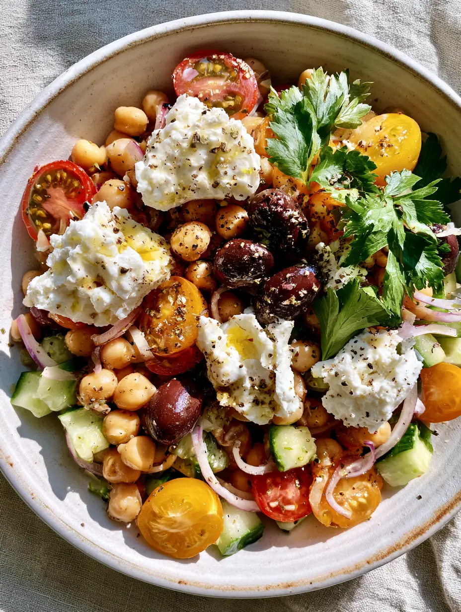 Close-up of golden chickpeas, red onion moons, and heirloom cherry tomatoes. (greek chickpea salad)