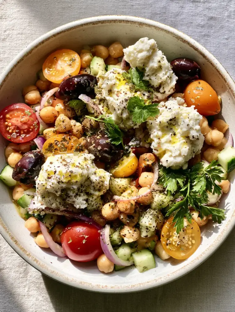 Top-down shot of greek chickpea salad with creamy feta and glossy kalamata olives.