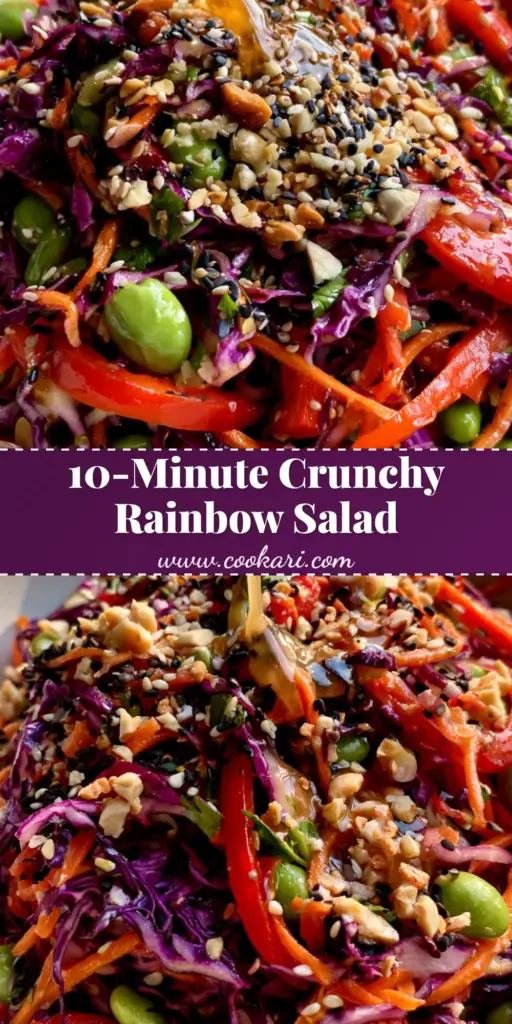 A top-down view of a vibrant Asian Rainbow Salad in a white bowl, heavily garnished with sesame seeds and peanuts with a translucent dressing drizzle.