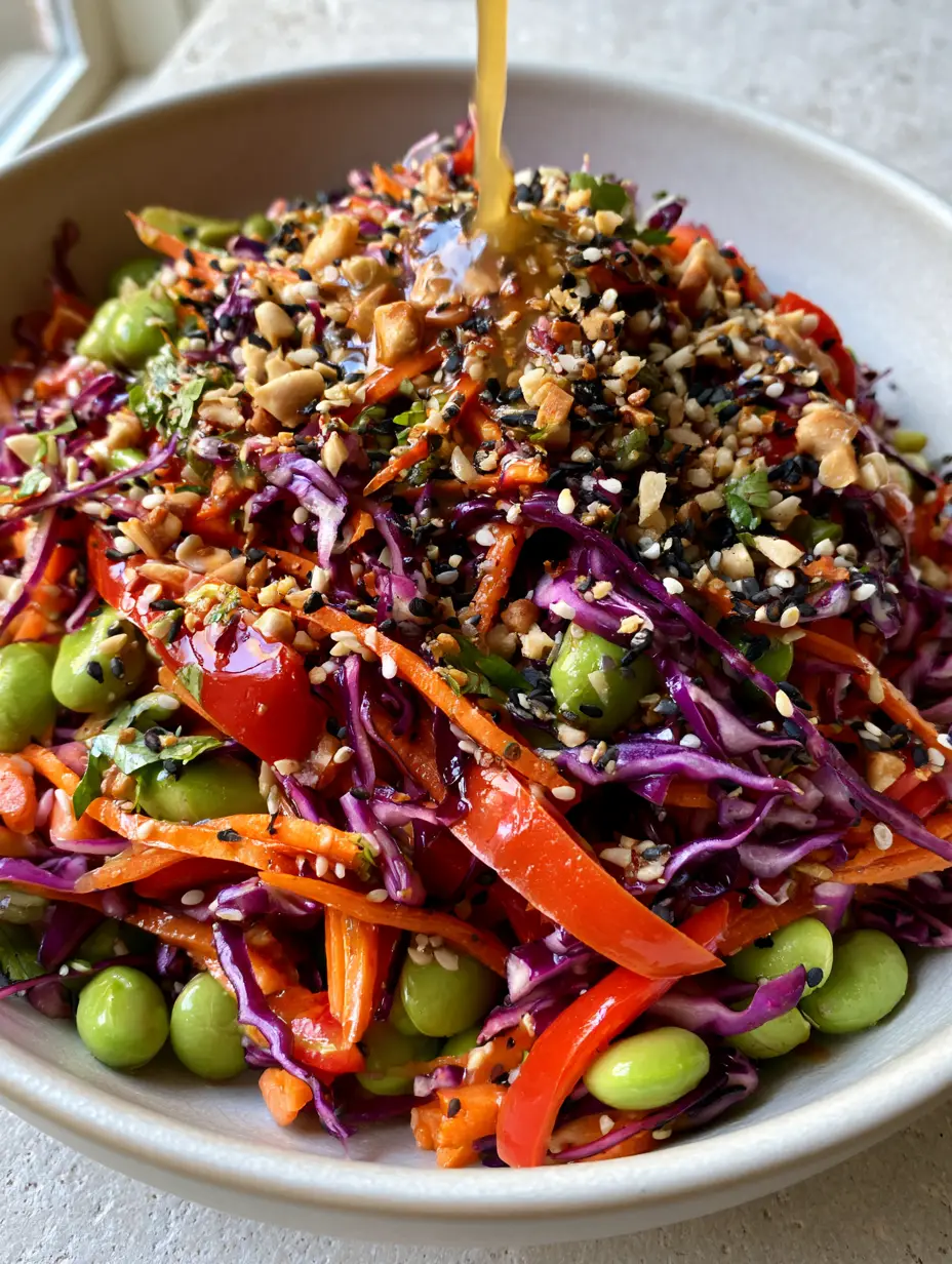 Smartphone photo of an Asian Rainbow Salad in a minimalist matte white ceramic bowl, showing shredded cabbage and glossy red peppers.