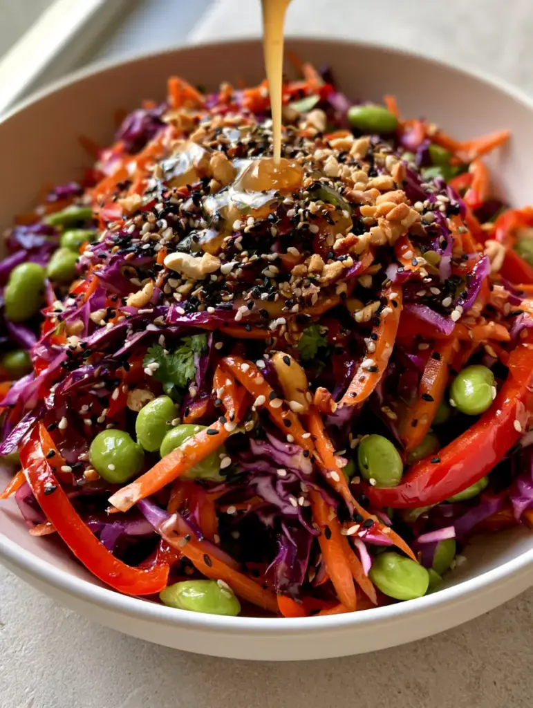 Close-up of Asian Rainbow Salad texture, highlighting the oily sheen of the ginger dressing on purple cabbage and sesame seeds.