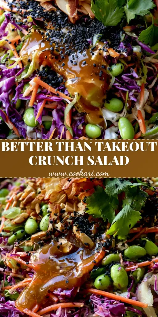 A top-down Pinterest-style shot of a vibrant Asian Chopped Salad in a charcoal bowl with crispy wontons and amber dressing.