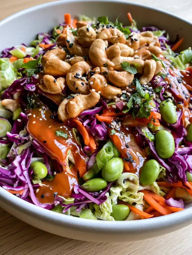 Close up view of julienned carrots, purple cabbage and whole toasted cashews drizzled with sesame ginger dressing.