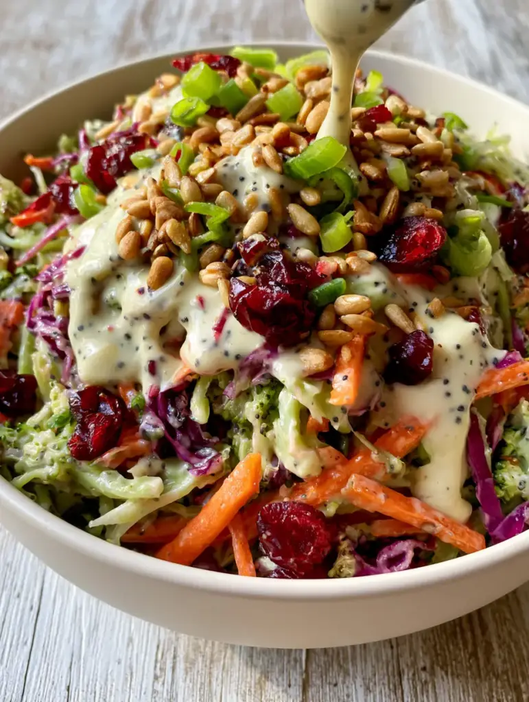 Broccoli Slaw with a dynamic dressing drizzle, toasted sunflower seeds, and ruby-red cranberries in a white bowl.