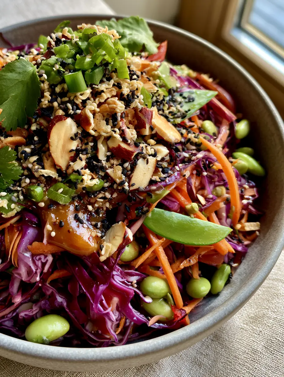 Macro top-down shot of crunchy Asian salad showing razor-thin purple cabbage ribbons and golden-brown almonds.