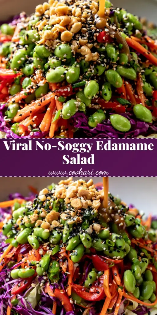 Crunchy Asian Edamame Salad with Thick Toasted Sesame Dressing 3 Overhead view of a Crunchy Asian Edamame Salad in a white bowl showing vibrant purple cabbage, green edamame, and orange carrots.