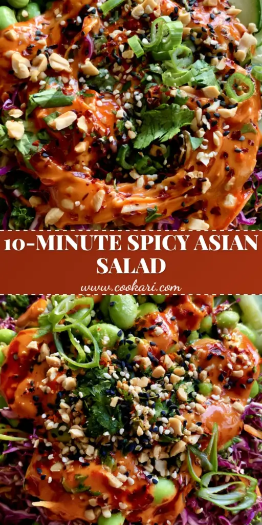 Spicy Asian Salad: The Ultimate Crunchy Chopped Salad with Chili Peanut Dressing 4 A vibrant Spicy Asian Salad topped with thick orange-red chili oil peanut dressing, crushed peanuts, and fresh cilantro in a stoneware bowl. (Spicy Asian Salad)