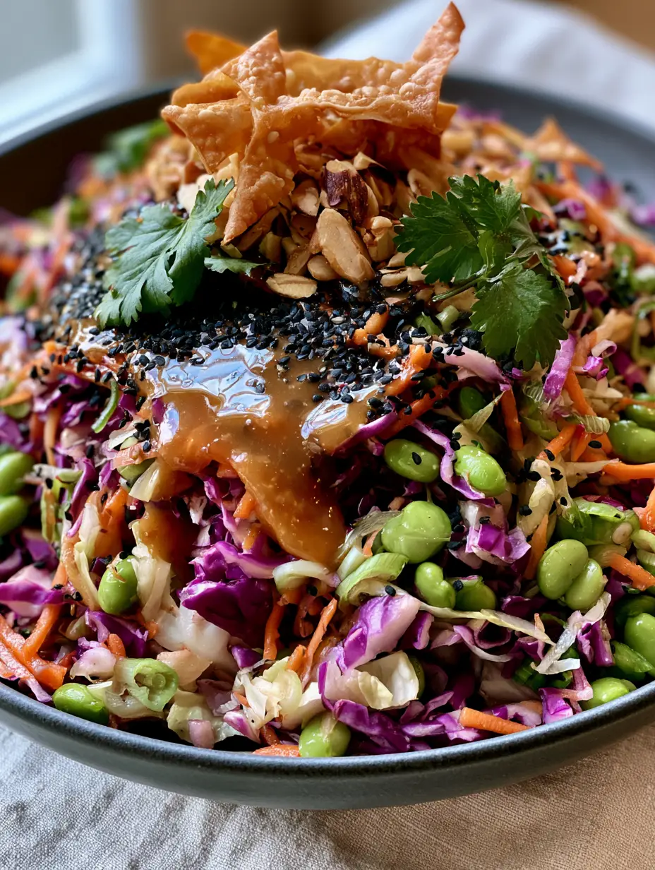 Macro shot showing the texture of shredded purple cabbage, edamame, and glossy dressing in an Asian Chopped Salad.