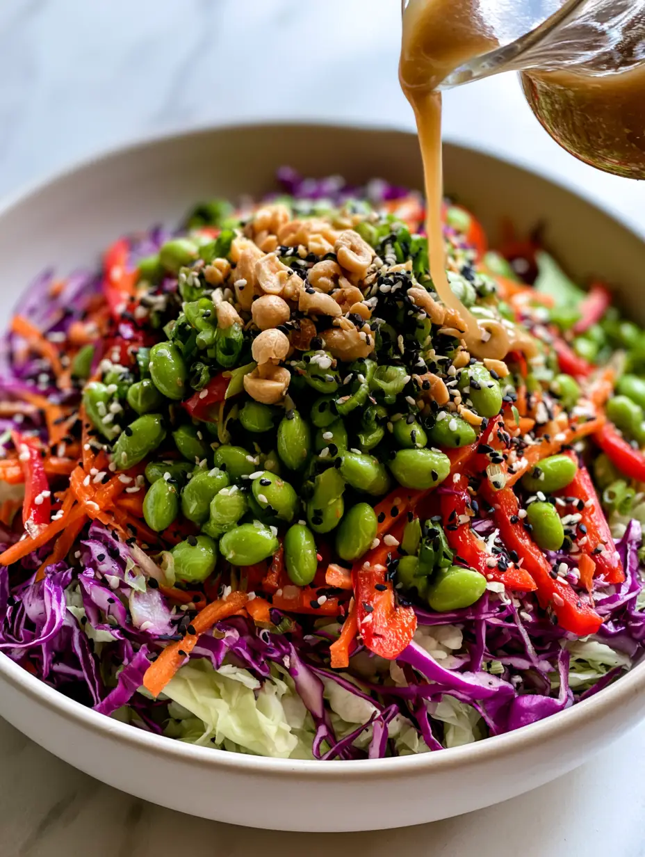 Crunchy Asian Edamame Salad with Thick Toasted Sesame Dressing 4 Close up handheld photo of a Crunchy Asian Edamame Salad with a thick glossy stream of toasted sesame dressing being poured.