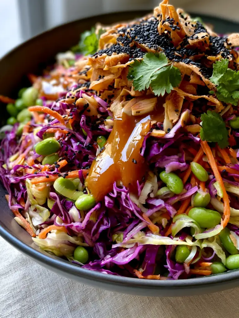 Close-up of golden wonton strips and toasted almonds atop an Asian Chopped Salad.