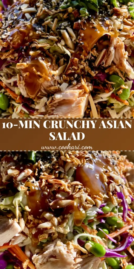 A vibrant Asian salad with shredded cabbage, chicken, and toasted ramen in a cream bowl. (Asian salad)