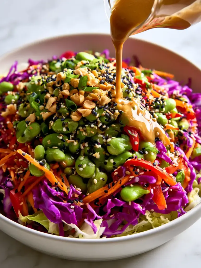 Crunchy Asian Edamame Salad with Thick Toasted Sesame Dressing 1 Close up of shredded red and Napa cabbage topped with edamame and sesame seeds in a white bowl. (Crunchy Asian Edamame Salad)