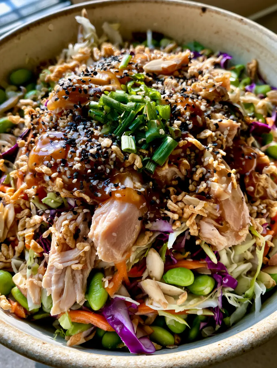 Overhead shot of a vibrant Asian chicken salad with purple cabbage and edamame. (Asian salad)