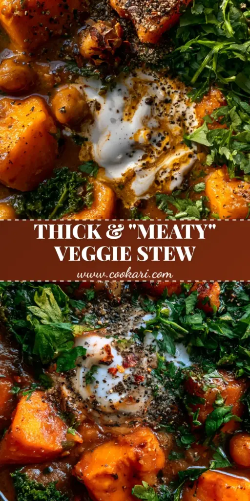 A thick, hearty Vegetarian Stew in a dark ceramic bowl featuring orange sweet potatoes, golden chickpeas, and a swirl of coconut cream. (Vegetarian Stew)