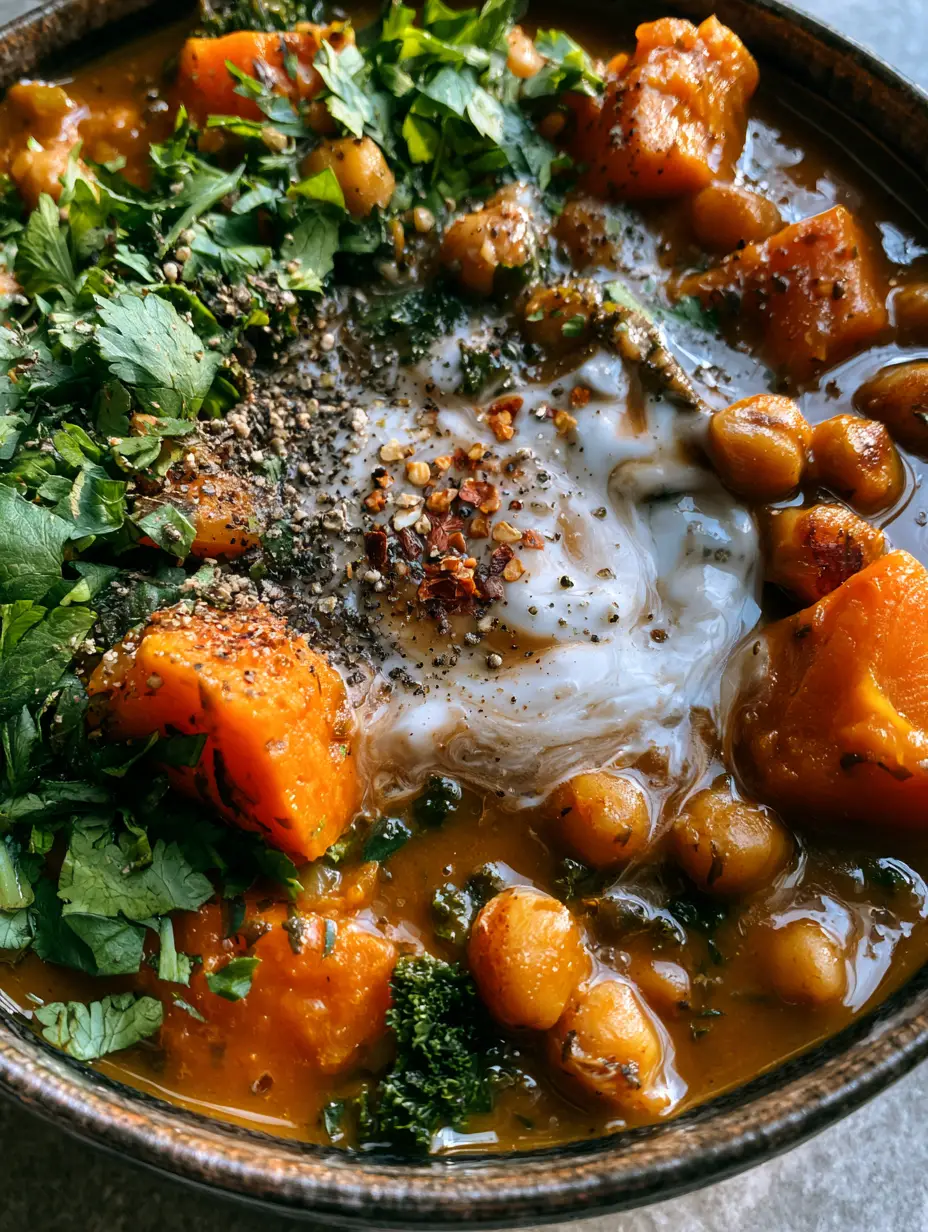 Close up photo of bubbling mahogany-colored Vegetarian Stew with vibrant sweet potato chunks and green kale. (Vegetarian Stew)