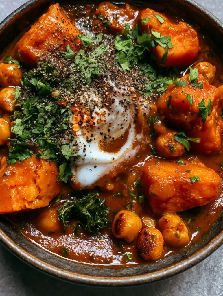 Top down view of Vegetarian Stew garnished with heavy black pepper, chili flakes, cilantro, and parsley.
