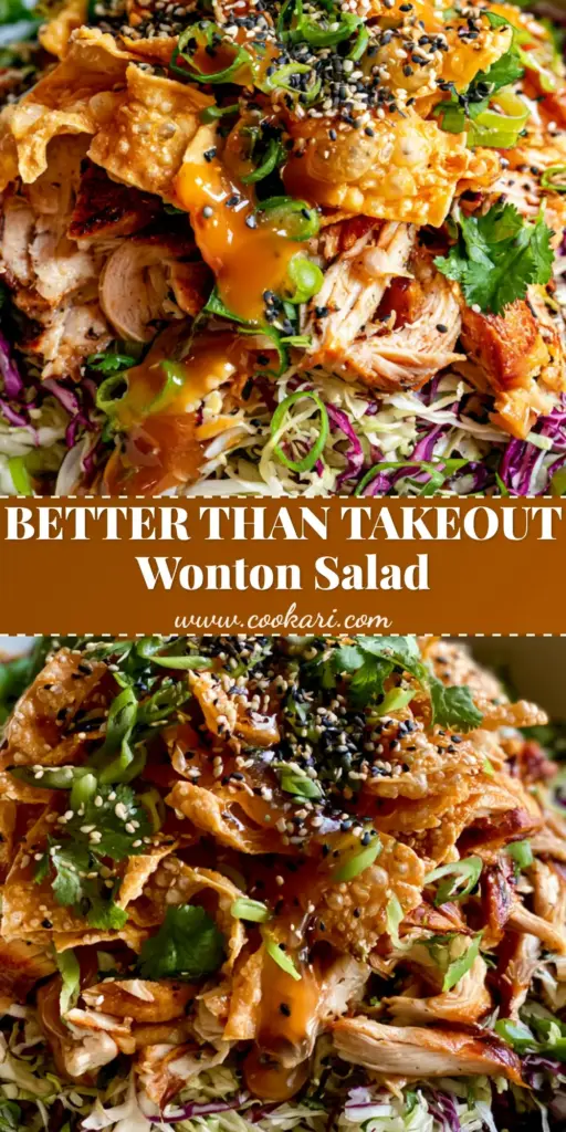 A top-down view of a Chicken Wonton Salad in a white bowl featuring golden fried wonton strips and shredded purple cabbage.