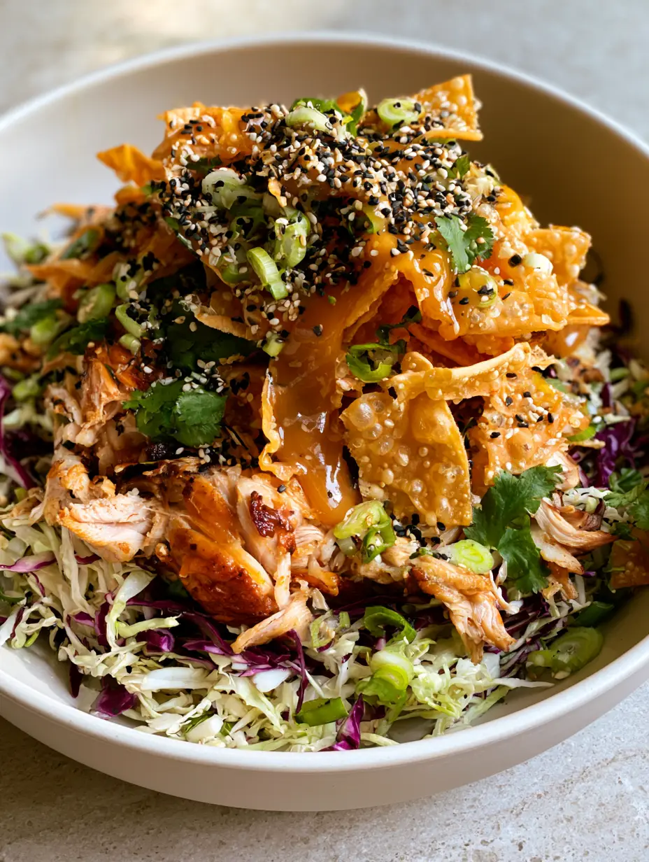 Smartphone photo of a Wonton Salad in a matte white bowl with bubbly wonton strips and amber dressing.