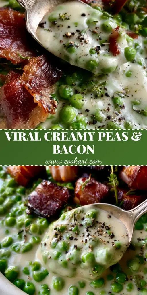 Thanksgiving Peas Side Dish: Creamy Velvet Peas with Crispy Smoked Bacon 4 A close-up of a silver spoon lifting vibrant emerald peas in a thick ivory cream sauce with crispy mahogany bacon. (Thanksgiving Peas Side Dish)