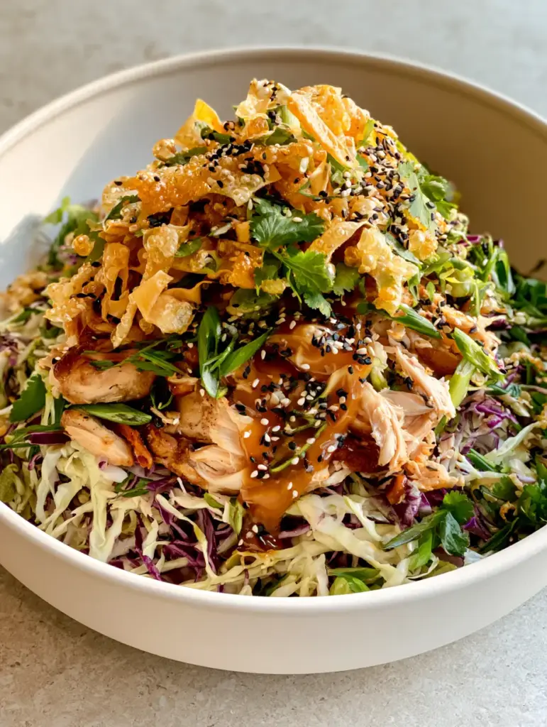 Close up shot of crispy wonton strips and hand-torn rotisserie chicken on top of a Wonton Salad.
