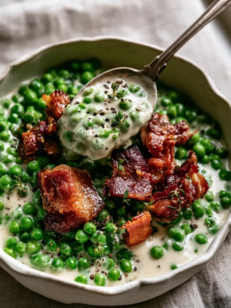 Thanksgiving Peas Side Dish: Creamy Velvet Peas with Crispy Smoked Bacon 2 Extreme close-up of plump green sweet peas in a glossy velvet cream reduction. (Thanksgiving Peas Side Dish)