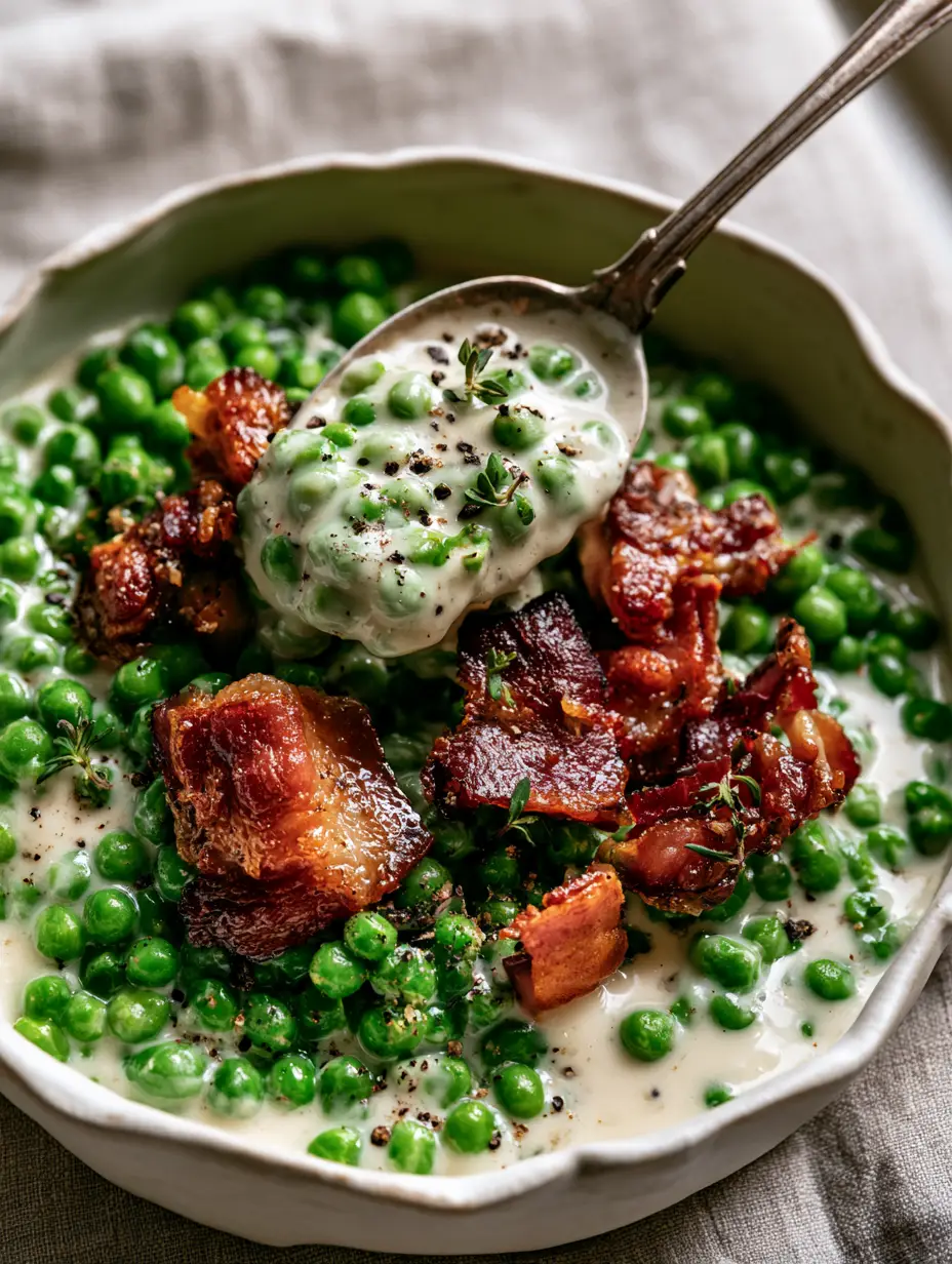 Thanksgiving Peas Side Dish: Creamy Velvet Peas with Crispy Smoked Bacon 3 Extreme close-up of plump green sweet peas in a glossy velvet cream reduction. (Thanksgiving Peas Side Dish)