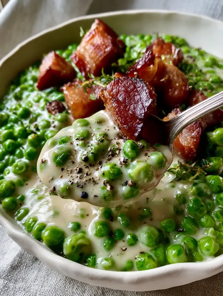 Thanksgiving Peas Side Dish: Creamy Velvet Peas with Crispy Smoked Bacon 1 A rustic luxe Thanksgiving side dish of peas and bacon served in a matte-white bowl on a grey linen napkin. (Thanksgiving Peas Side Dish)