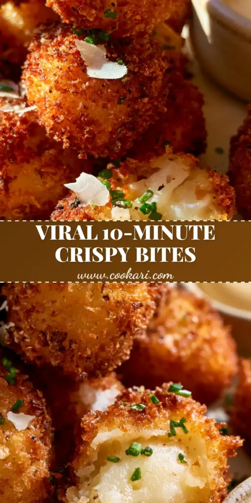 A stack of golden brown potato and gruyere appetizers showing a jagged panko crust. (crispy bites recipe)