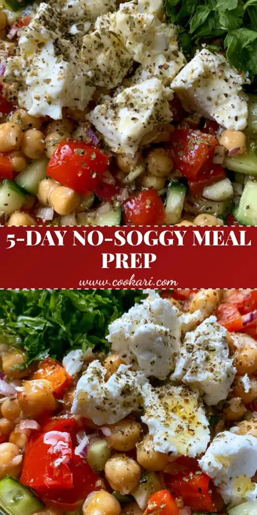 A bright Mediterranean chickpea salad in a glass meal prep container showing plump chickpeas, diced cucumbers, and chunky feta. (Mediterranean chickpea salad)