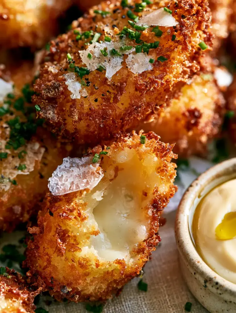 A broken crispy bite revealing a steaming creamy potato and melted gruyere interior.