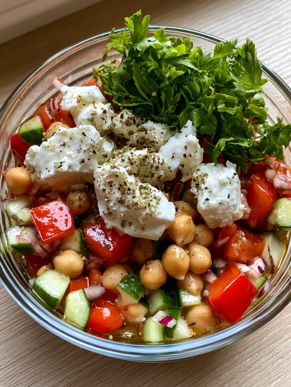 Top-down view of a Mediterranean chickpea salad with matte garbanzo beans, wet-look cucumbers, and torn parsley. (Mediterranean chickpea salad)