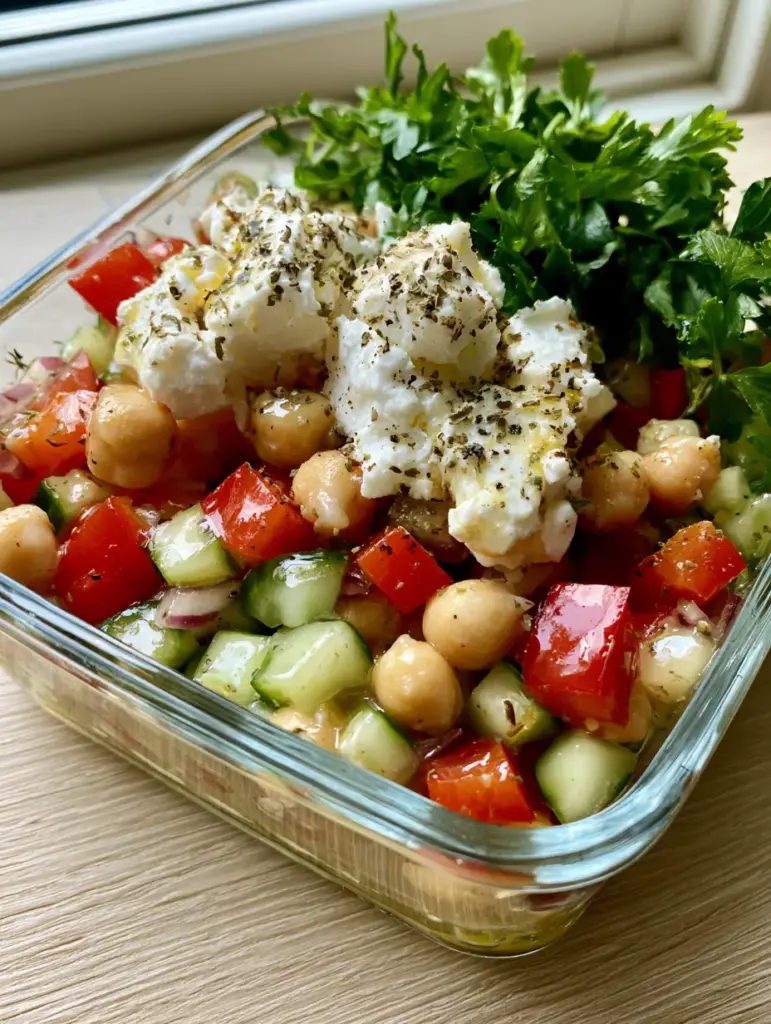 Side view of glass container with shimmering lemon-olive oil dressing coating Mediterranean chickpea salad vegetables.