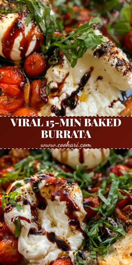 Baked Burrata with Blistered Tomatoes and Honey Balsamic Glaze 4 A rustic cast iron skillet featuring molten Baked Burrata cheese spilled open next to charred, blistered cherry tomatoes and a dark balsamic drizzle.