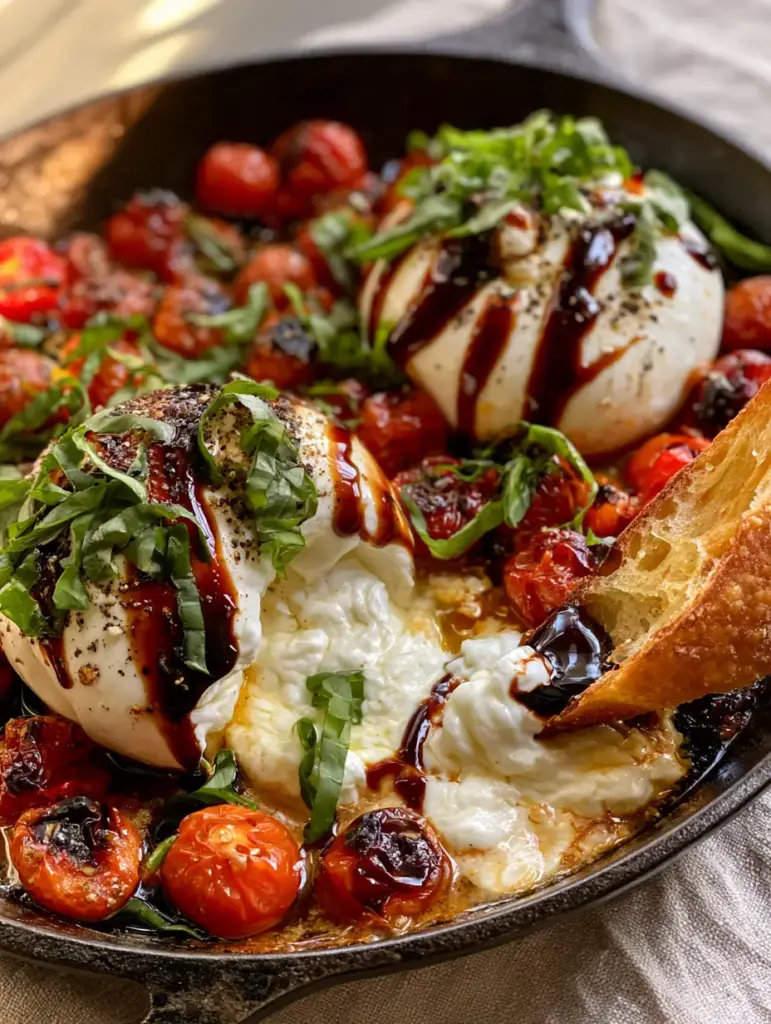 Baked Burrata with Blistered Tomatoes and Honey Balsamic Glaze 2 Close-up of two balls of Baked Burrata in a cast iron pan with burst tomatoes and fresh basil ribbons.
