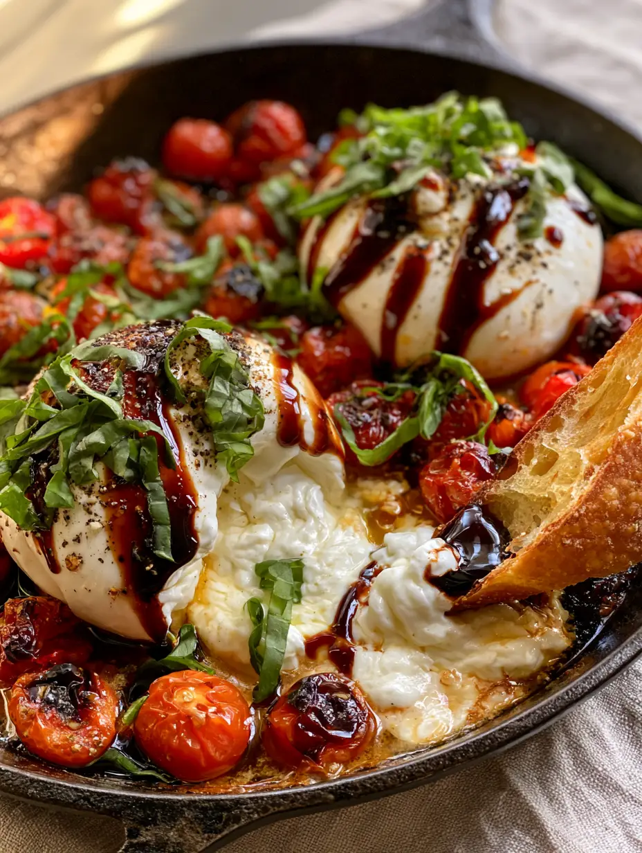 Baked Burrata with Blistered Tomatoes and Honey Balsamic Glaze 3 Close-up of two balls of Baked Burrata in a cast iron pan with burst tomatoes and fresh basil ribbons.