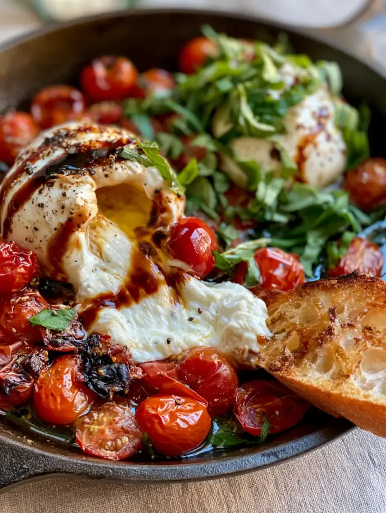 Baked Burrata with Blistered Tomatoes and Honey Balsamic Glaze 1 A piece of toasted sourdough bread dipping into the molten center of a Baked Burrata ball surrounded by balsamic glaze.