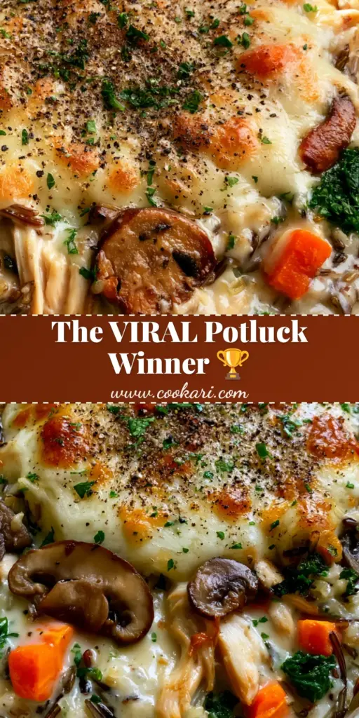 A creamy chicken and wild rice casserole with a golden-brown mozzarella crust and fresh parsley garnish. (Potluck Recipe)