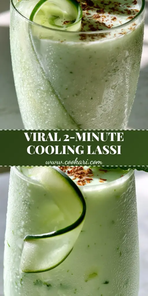 A tall, frosted glass of Cucumber lassi with glistening condensation, a translucent cucumber ribbon, and a sprig of mint on a stone countertop.