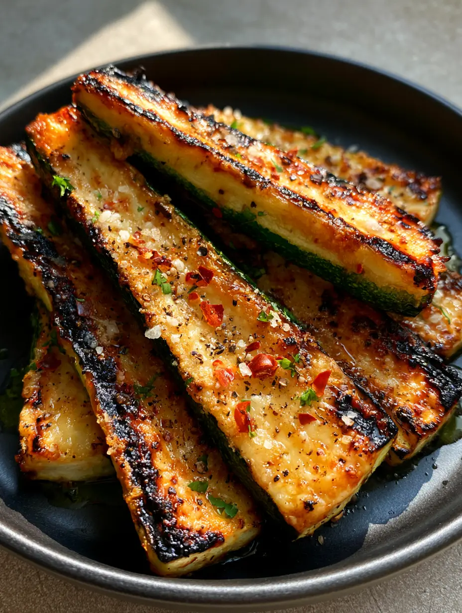 Smartphone photo of perfectly grilled zucchini spears showing deep char marks and toasted parmesan on a rustic black plate.