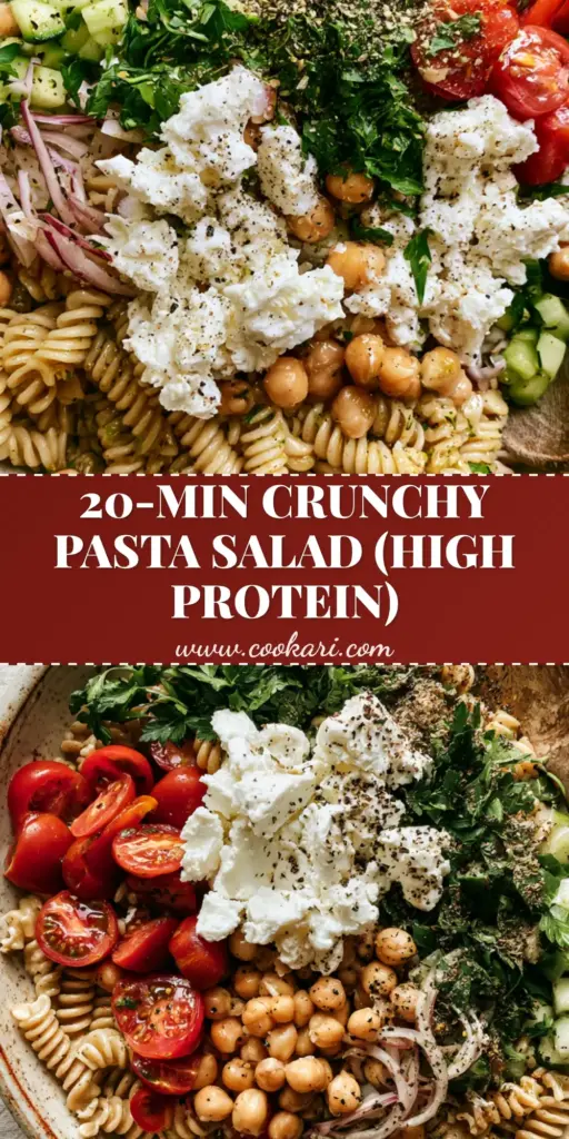 A top-down aesthetic photo of a large rustic ceramic bowl containing Mediterranean Chickpea Pasta Salad with rotini, chickpeas, feta, and parsley.