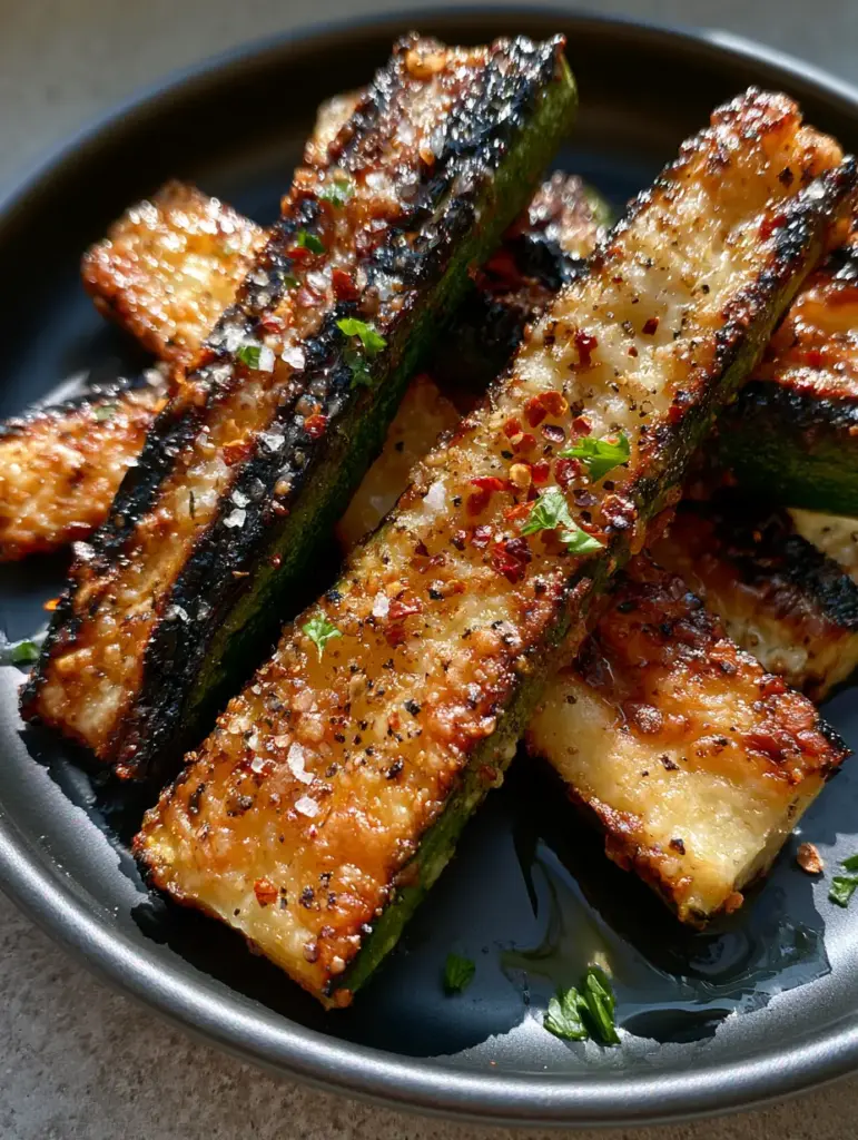 High-resolution view of grilled zucchini skin and melted parmesan cheese crust with sea salt and chili flakes.