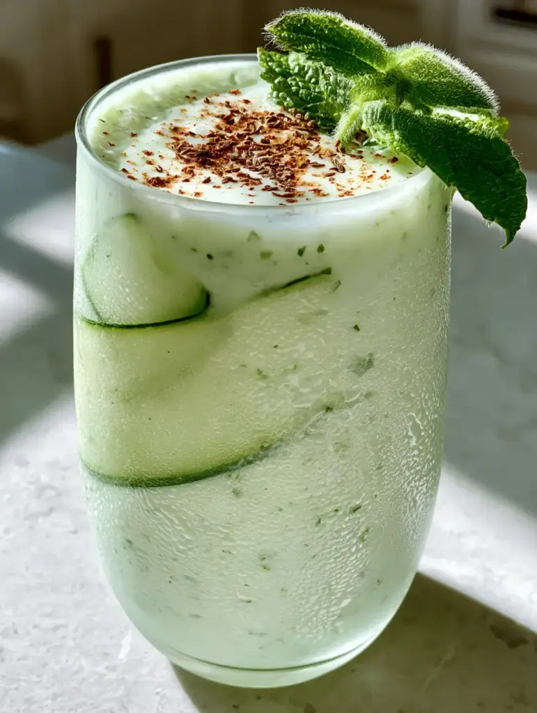 Smartphone photo of a creamy Cucumber lassi in a tall frosted glass with mint flecks and roasted cumin garnish.