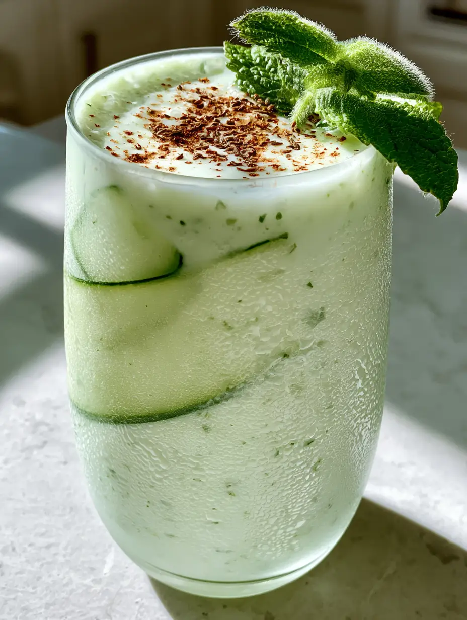 Smartphone photo of a creamy Cucumber lassi in a tall frosted glass with mint flecks and roasted cumin garnish.