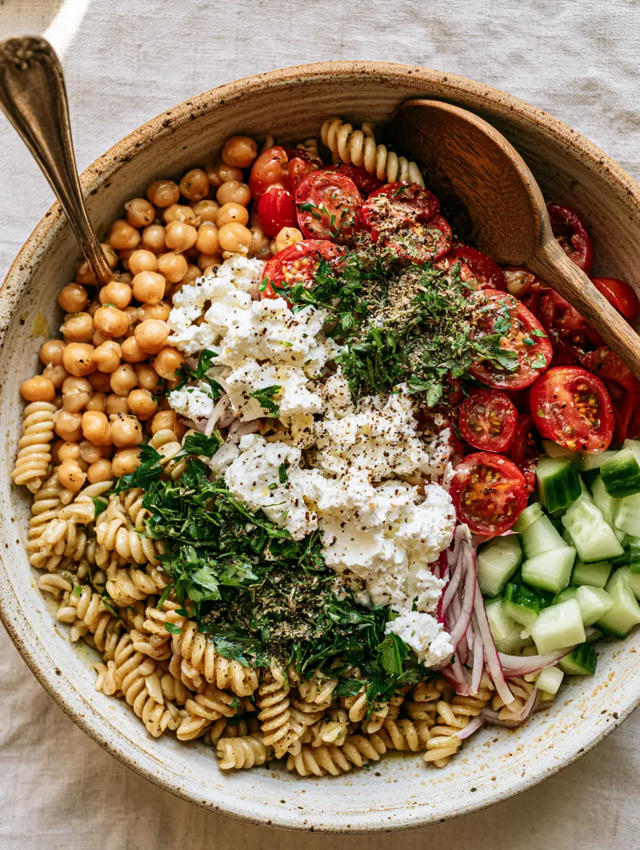 Close-up top-down shot of Chickpea Pasta Salad featuring al dente rotini, glistening lemon vinaigrette, and fresh halved cherry tomatoes.