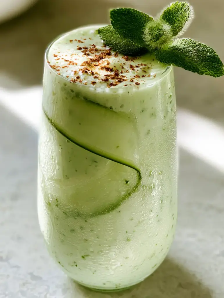 Close-up of a Cucumber lassi showing the glistening condensation droplets on the glass and the fuzzy mint sprig garnish.