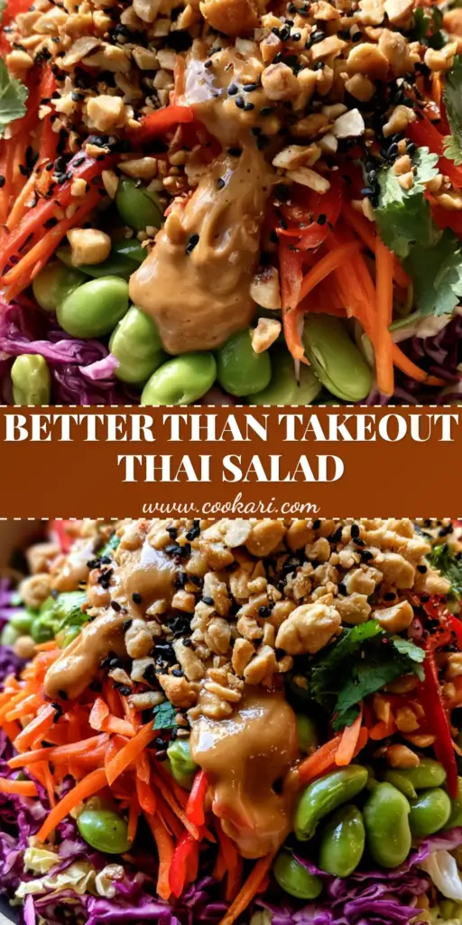 A vibrant Thai Crunch Salad in a wide matte stoneware bowl featuring purple cabbage, edamame, and a peanut dressing drizzle.