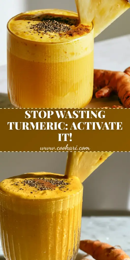A vibrant golden-yellow turmeric smoothie in a ribbed glass with a frothy top and black pepper garnish. (turmeric smoothie)