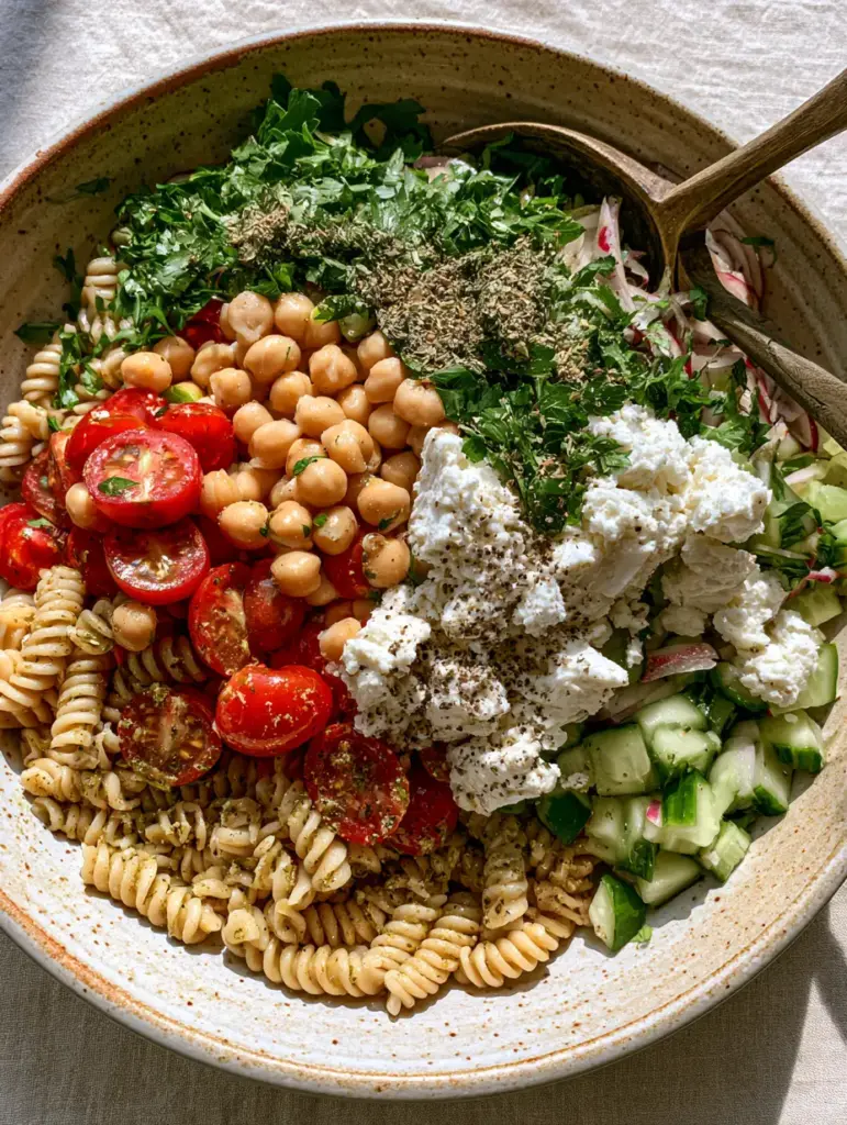 High-quality smartphone photo of Chickpea Pasta Salad garnished with feta crumbles and coarse black pepper on a neutral linen background.